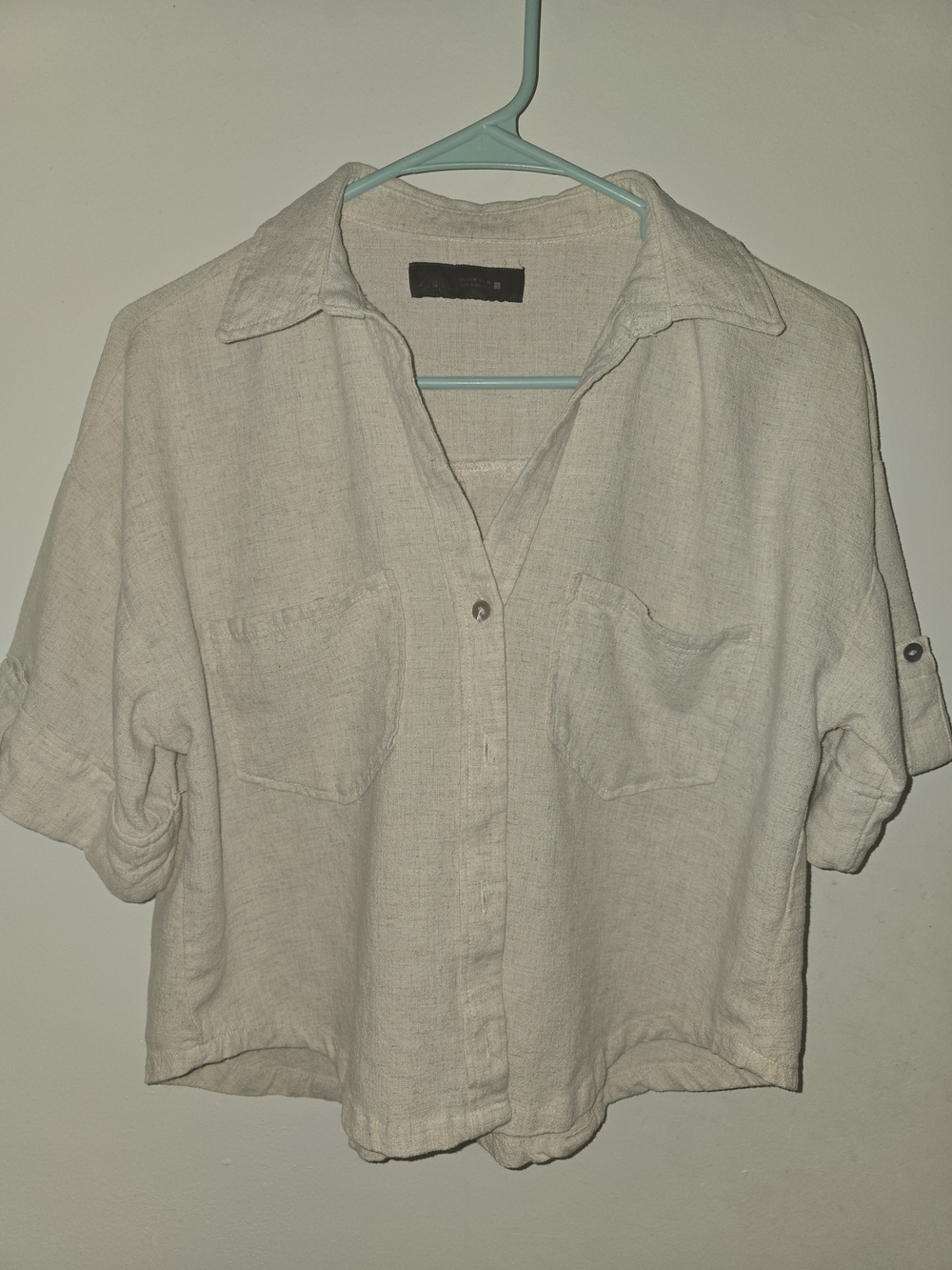 Zara Cream Linen Button-Front Short Sleeve Shirt